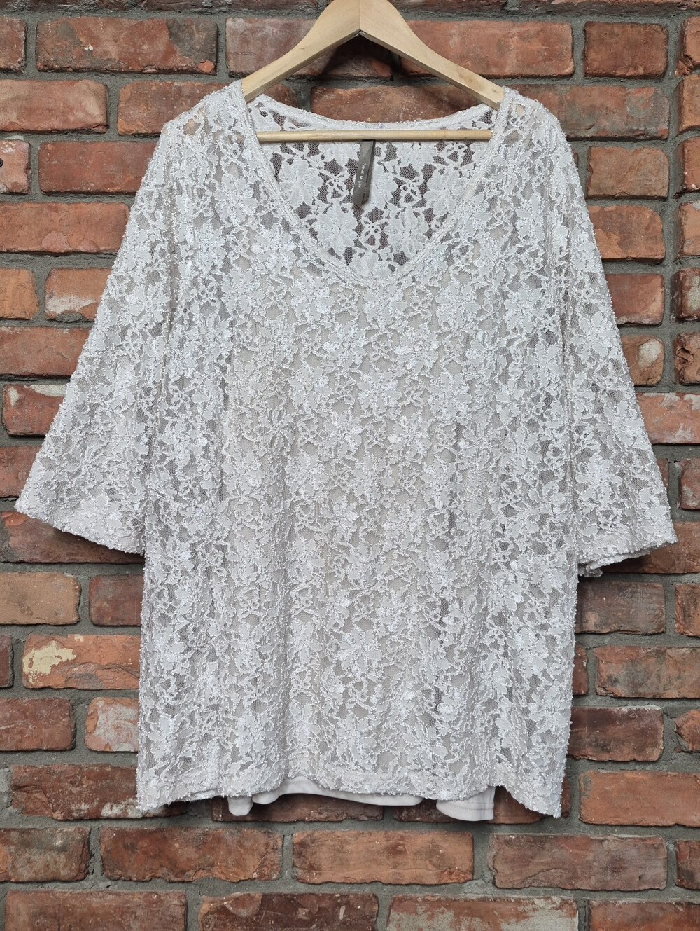Penningtons 2X Ivory Floral Lace Tunic Top Attached Cami Romantic Sheer Sleeves
